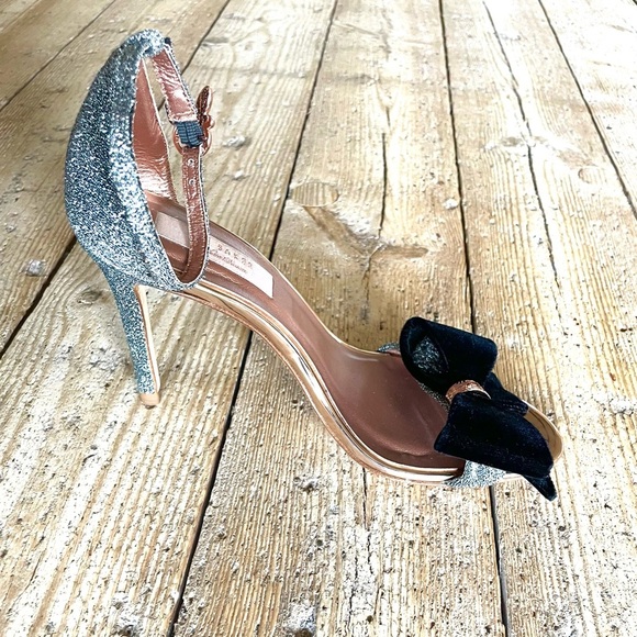 Ted Baker Bowdalo Heels Silver Shimmer Black Velvet Bow Ankle Strap EU 37.5 US 7 - Picture 9 of 13